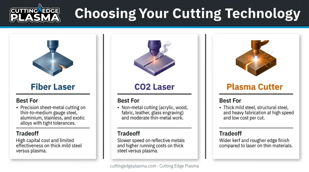 Fiber laser versus CO2 laser versus plasma cutter technology comparison infographic