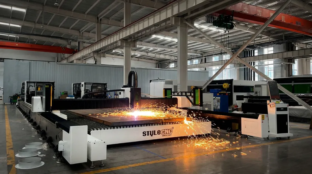 High-power industrial fiber laser cutting machine processing large metal sheet