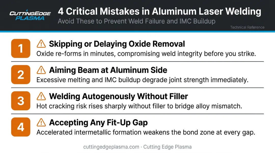 Four critical laser welding mistakes when joining aluminum to stainless steel infographic
