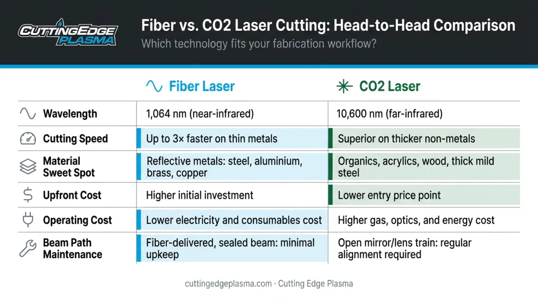 Fiber versus CO2 laser cutting six-factor side-by-side comparison infographic