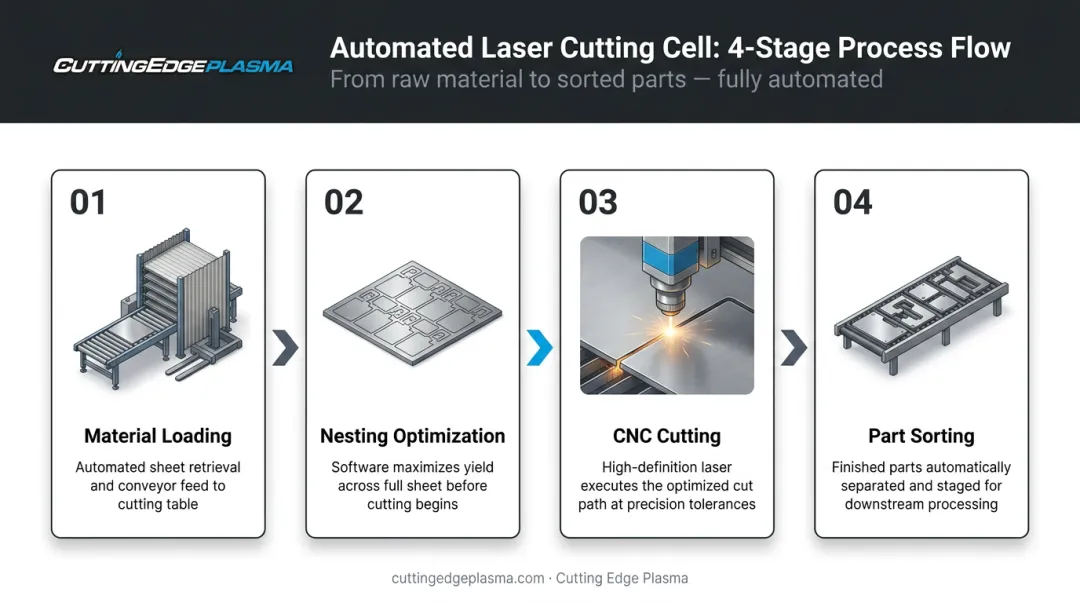4-stage automated laser cutting cell workflow from loading to part sorting