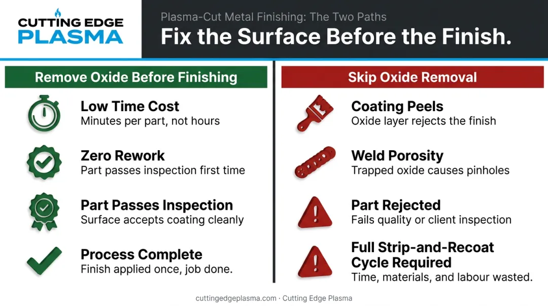 Cost comparison of laser oxide removal upfront versus rework after coating failure
