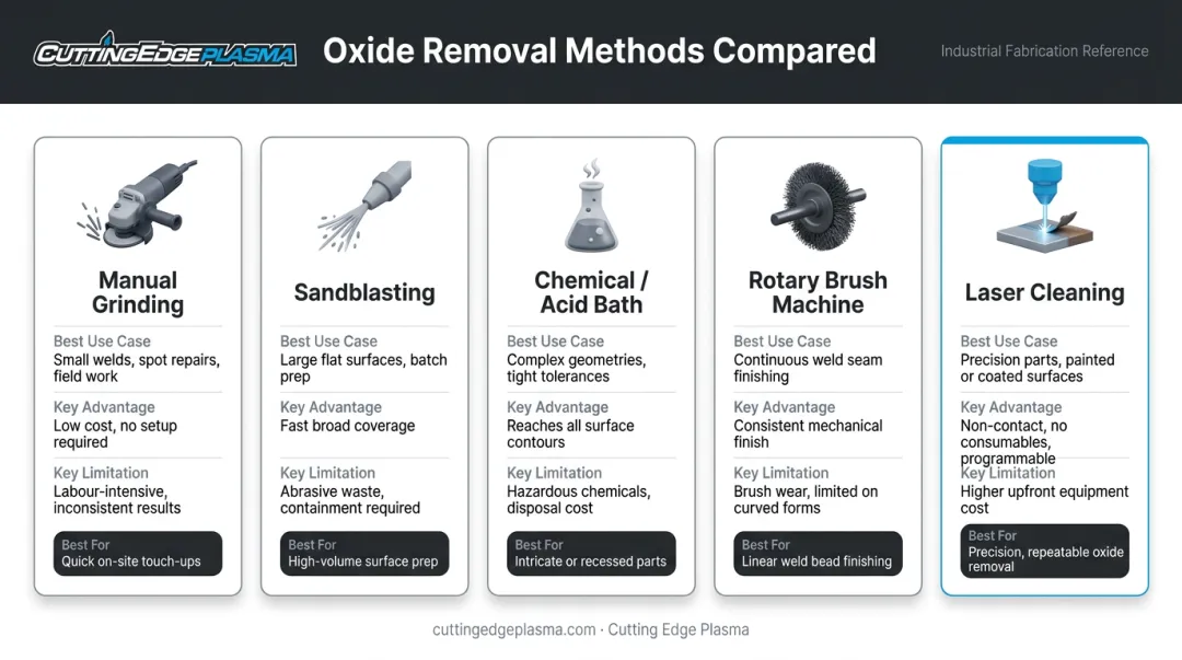 Five laser oxide removal methods comparison with trade-offs and best use cases