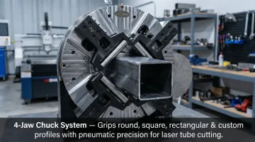 Industrial tube laser chuck system gripping square and round tube profiles