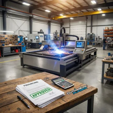 Modern CNC plasma table cutting metal with financing approval documents in foreground