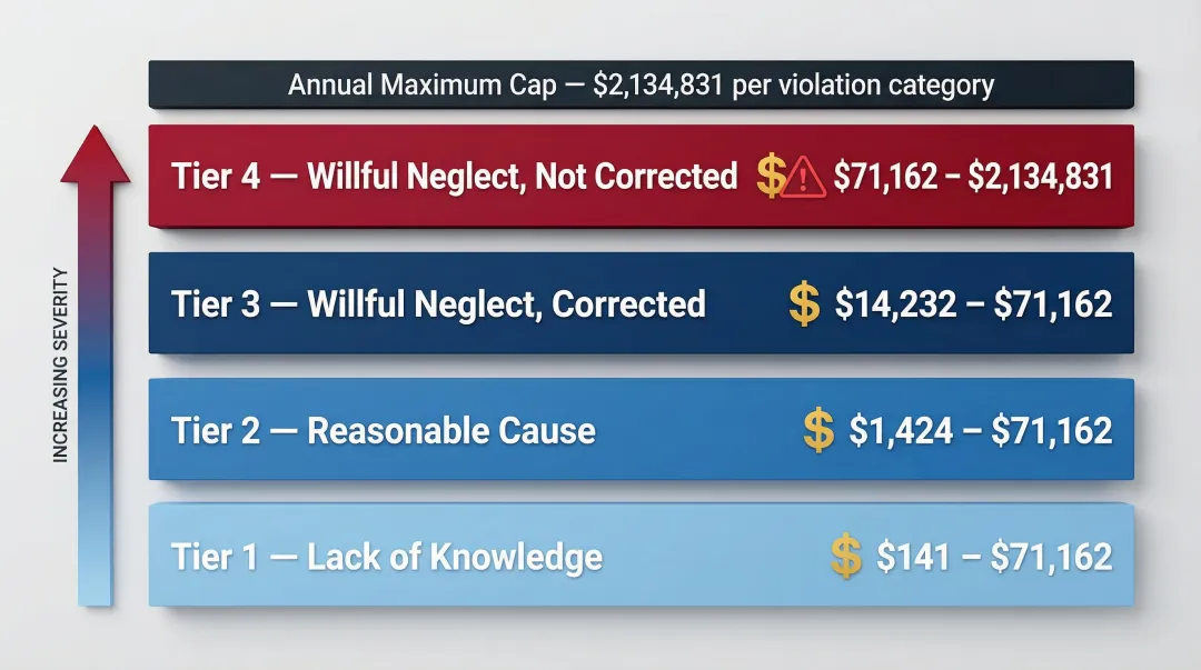 HIPAA penalty tiers four-level violation enforcement structure with fine ranges