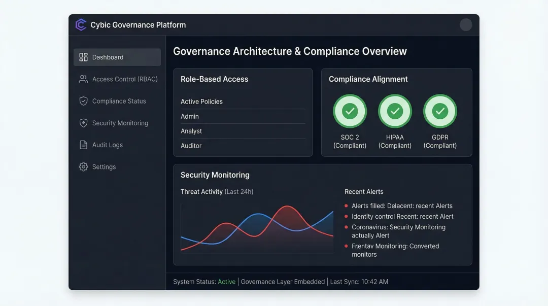 Cybic governance framework dashboard showing role-based access and compliance controls