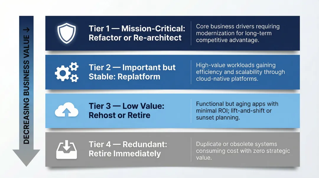 Four-tier application portfolio strategy framework from mission-critical to redundant systems
