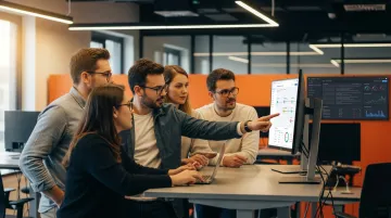 Enterprise web development team reviewing agentic AI workflow automation dashboard