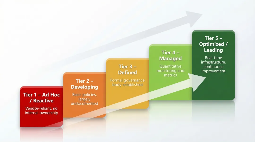 Five-tier healthcare AI governance maturity model from ad hoc to optimized