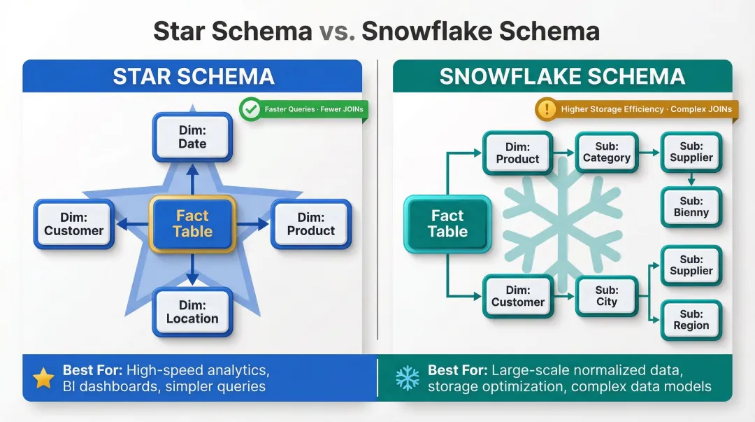 Star schema versus snowflake schema EDW dimensional modeling comparison infographic