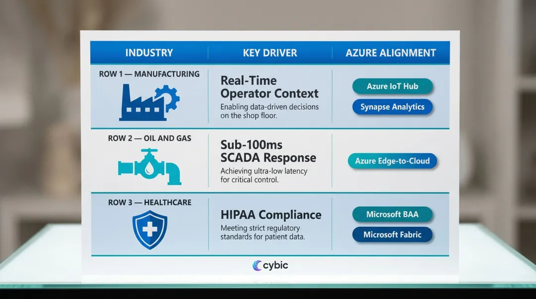 Three-industry Azure modernization drivers comparison table infographic for manufacturing oil gas healthcare