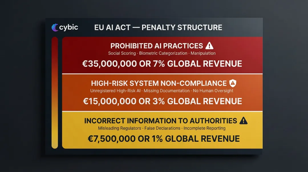 EU AI Act three-tier penalty structure violation fines comparison infographic