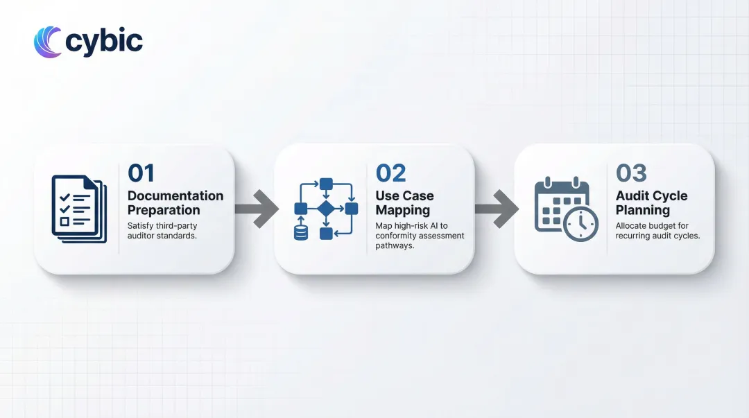 Three-step enterprise AI audit readiness preparation process flow infographic