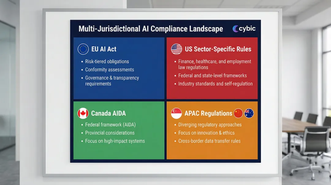 Global AI regulatory landscape four-region compliance framework comparison infographic