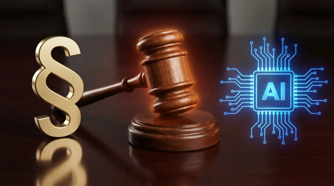 Regulatory enforcement action legal gavel beside AI system interface on screen