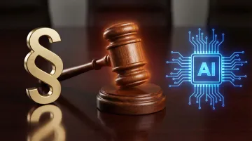 Regulatory enforcement action legal gavel beside AI system interface on screen
