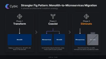 Strangler Fig pattern three-phase migration process: transform coexist eliminate