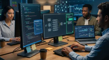 Software developers building fintech prototype using AI-assisted coding tools on multiple monitors