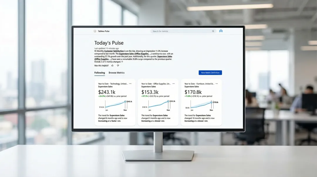 Tableau Pulse AI-driven metric monitoring dashboard displaying business insights interface