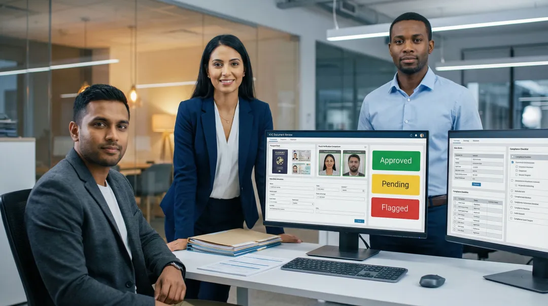 Bank compliance team reviewing KYC identity documents and onboarding records digitally