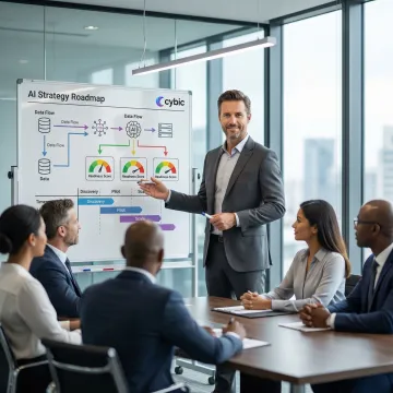 A strategy consultant presenting a phased AI transformation roadmap to enterprise executives