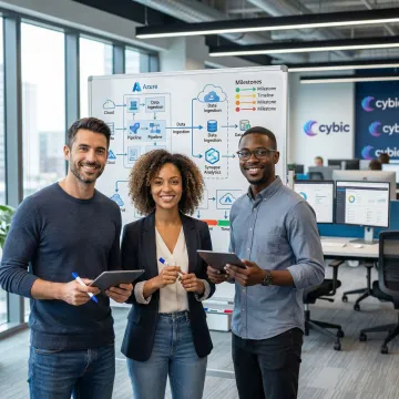 Data engineering team reviewing Azure data warehouse deployment steps on a whiteboard