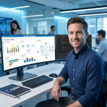Azure data warehousing consultant configuring cloud data pipelines on a modern dashboard