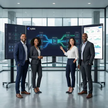 Enterprise data strategy consultants reviewing data architecture diagrams on large monitors in a modern office.