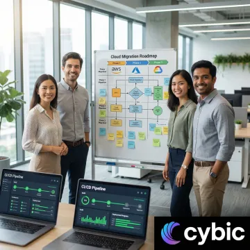 Enterprise modernization process — team reviewing cloud migration roadmap on a whiteboard