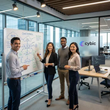 Data engineering team reviewing cloud migration roadmap and pipeline architecture on a whiteboard