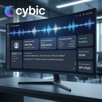 AI voice agent interface on a financial services dashboard with conversational waveforms and data panels