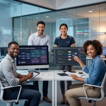 AI engineers collaborating on agentic workflow deployment process in enterprise environment