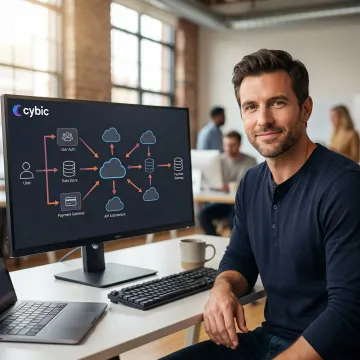 Developer reviewing API architecture diagram on a large monitor