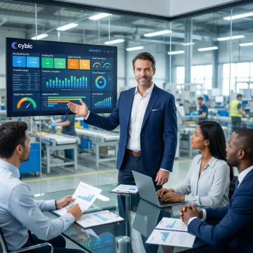 Data strategy consultant working with manufacturing company executives reviewing production data dashboards