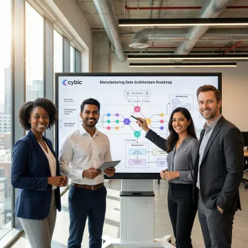 Data engineering team implementing a manufacturing data strategy roadmap on collaborative digital workspace