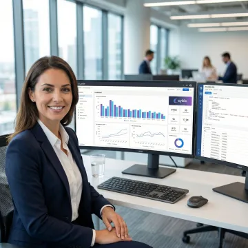 Business intelligence consultant reviewing Snowflake and Looker dashboards on enterprise screens