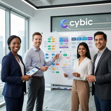 AI governance consulting team mapping out a multi-step compliance and lifecycle management process on a whiteboard