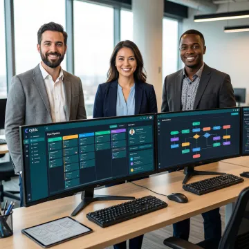 Software engineers building a custom CRM dashboard on enterprise workstations