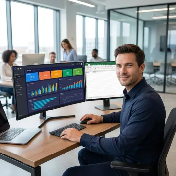 Data analyst reviewing a Power BI dashboard on a large monitor displaying KPI charts and analytics
