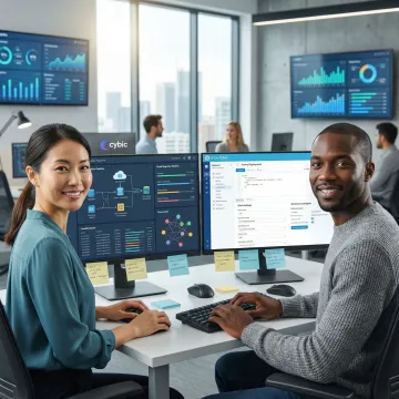 Data engineering team executing cloud data warehouse migration and pipeline deployment on multiple screens