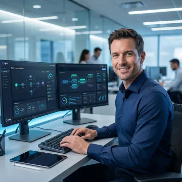 RPA consultant configuring automation bots on an enterprise workflow dashboard