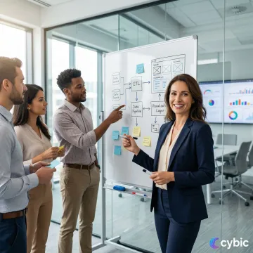 Cybic team walking through a Power BI implementation process on a whiteboard