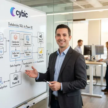 Consultant reviewing a Databricks SQL to Power BI integration architecture diagram on a whiteboard