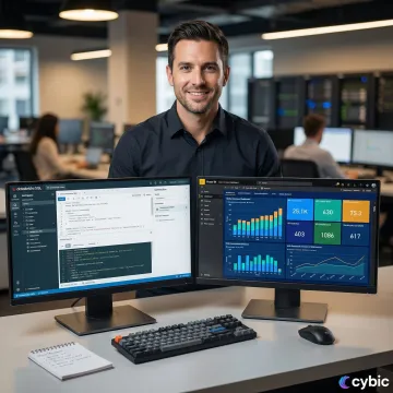 Data engineer connecting Databricks SQL to Power BI dashboard on enterprise workstation