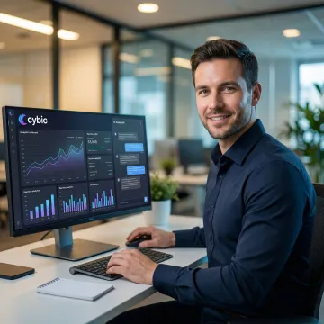 Enterprise AI copilot interface on a laptop screen in a modern office environment