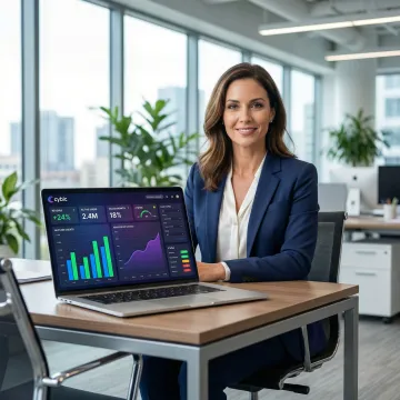 Business intelligence dashboard showing live KPI metrics and charts on a laptop screen in a modern office