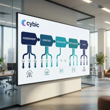 Enterprise transformation process diagram showing phased digital strategy steps on a whiteboard