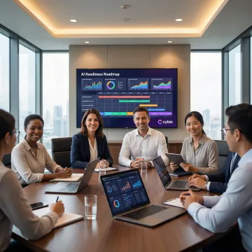 Enterprise consultants reviewing an AI readiness roadmap on a large digital display in a modern boardroom