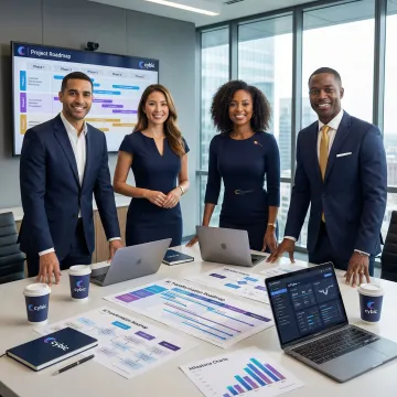 AI consultants and enterprise team members collaborating on a phased digital transformation roadmap